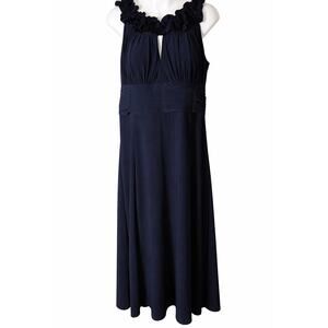 Dress Barn Collection Navy Blue Midi Dress Size 12 Ruffle Neck Empire Waist